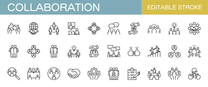 Collaboration line icon set – Includes teamwork, communication, business, partnership, support and cooperation. Editable stroke. Vector illustration.