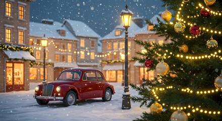 Vintage Red Car Christmas Snowy Town Festive Holiday Season