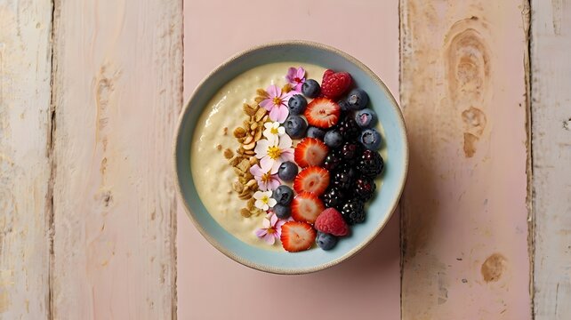 Minimal top-down shot of a vegan smoothie bowl with fresh berries and edible flowers on a pastel pastel ceramic plate, wooden table texture visible,Generative Ai
- Powered by Adobe