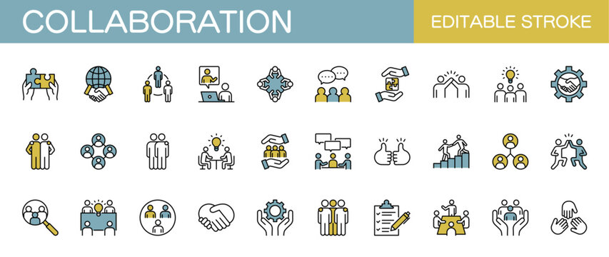 Collaboration line icon set – Includes teamwork, communication, business, partnership, support and cooperation. Editable stroke. Colored vector illustration.