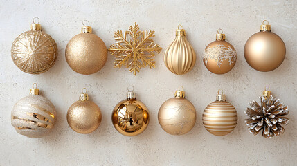 Festive gold Christmas vertical decorations including baubles and a snowflake on a neutral beige surface creating