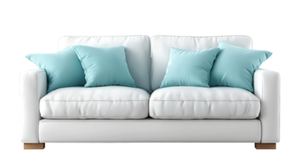 Minimal white sofa with light blue pillows on transparent background