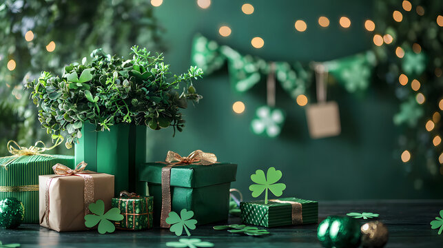 Festive green St Patrick's Day themed arrangement with gifts, shamrocks, and party decorations