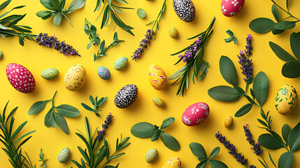 Festive yellow background featuring Easter-themed elements, including painted eggs, lavender, and foliage