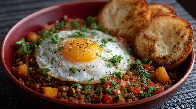 Ethiopian chechebsa breakfast with egg and bread