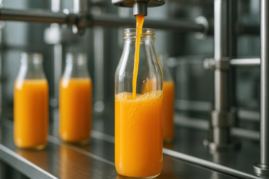 Fresh orange juice bottling process in modern factory