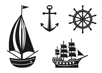 Black and white illustrations of nautical elements featuring sailboat anchor ship wheel design