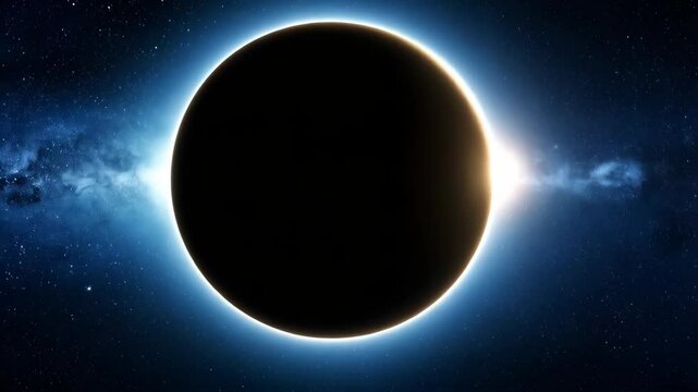Dramatic celestial animation reveals a black planet obscuring the sun against a starry blue galaxy background
