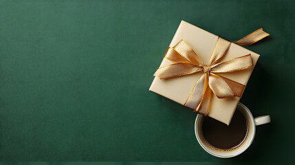 Flat lay composition of a gift box tied with a gold ribbon and a cup of coffee on a green surface, creating a cozy and festive scene suitable