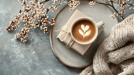 Flat lay emphasizing a vertical stylized gift box, morning coffee, and casual elegance items