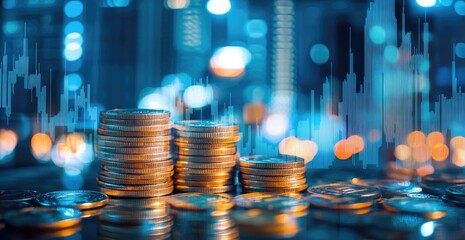 Stacks of gold coins on a reflective surface, overlaid with financial charts and city lights bokeh