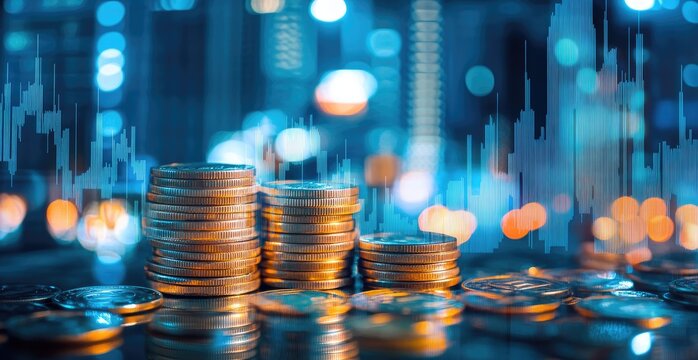 Stacks of gold coins on a reflective surface, overlaid with financial charts and city lights bokeh