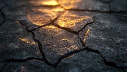 Close-up of cracked, dark gray stone, lit by golden light