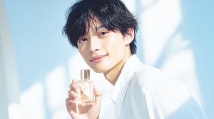 香水ボトルを持った笑顔の男性モデル