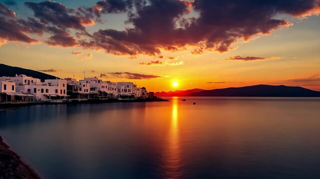 Stunning sunset over the water in Paros island showcasing the beauty of Greek summer, Scenic sunset in Greece Paros island Greek summer vacation travel destination
