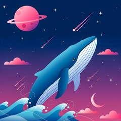 A fantastical illustration of a blue whale jumping from cosmic waves under a pink planet.