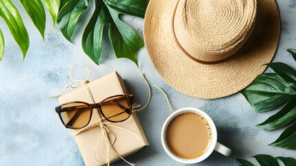 Flat lay of Father's Day essentials including hat, glasses, gift, and coffee cup. Perfect for themes of celebration, gifting