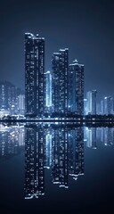 Obraz premium Night cityscape reflected in still water. Tall buildings illuminated by city lights, mirrored perfectly in a calm body of water. Cool blue tones dominate