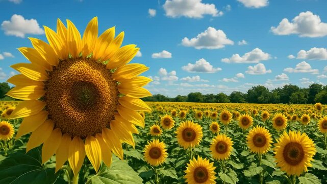 Vibrant sunflower field under a blue sky with fluffy clouds. Close-up angle captures one bloom prominently. Ideal for a nature-themed video.