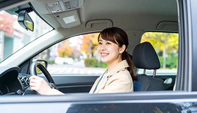 笑顔で自動車を運転する仮免許を取ったばかりの日本人の若い女性(16:9横長バナー)