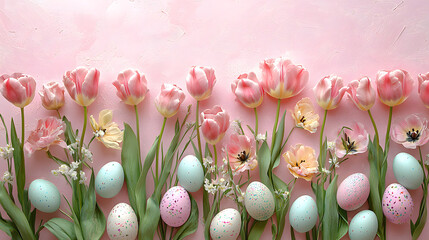 Flat lay vertical composition featuring pink spring tulips and pastel colored eggs on pink background