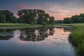 Obraz premium A slow river reflecting a pastel evening sky passing through a lowland field with sparse trees in the distance giving space to the landscape for cinematic storytelling the subtle color