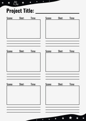 Professional film storyboard, includes 16:9 rectangular frames. Perfect for Filmmakers, Designers & Animators. Movie storyboard layout, ideal for scene planning. A4 size template for printing