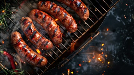 Close Up Photo of grilled sausages on the grill with smoke and fire on a dark background
