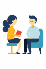 People sitting at an office desk working on computers, an illustration of a business woman and man, a girl and a boy with books, and a cartoon boy working on a laptop