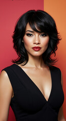 Fototapeta premium Woman with short wavy dark hair, red lips, black dress, elegant look. Evening event, classic beauty. Hairstyle, makeup, fashion