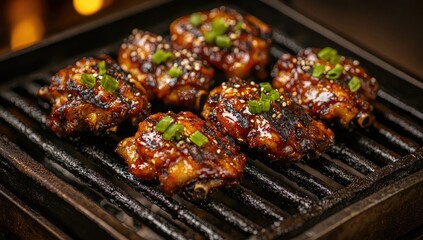 Grilled chicken pieces, glazed and seasoned, sit on a metal grill