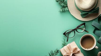 Gift box with bow, coffee cup, glasses, and hat on a green background