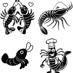 Black White Shrimp Illustration Vector Art