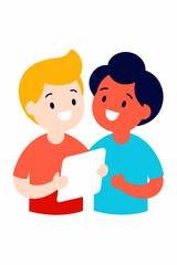 Obraz premium Cartoon illustration of a smiling boy and girl, children of a loving family, holding a blank sign