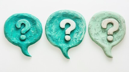 Three teal and mint speech bubbles with white question marks on a white background.