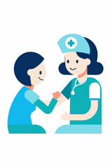 Obraz premium Cartoon vector illustration of a smiling doctor and nurse with a child, surrounded by a loving family