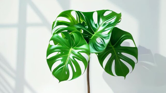 video of Vibrant green mostera plant leaves, white background