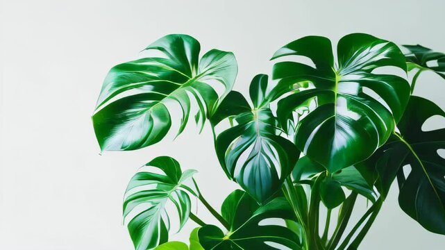 video of Vibrant green mostera plant leaves, white background