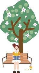 나무 밑 벤치에 앉아서 책을 읽는 소녀
