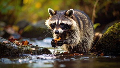 A curious raccoon foraging in a tranquil stream, amidst a backdrop of autumn foliage, highlighting its playful nature.