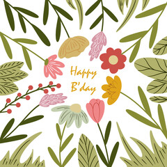 Happy Birthday Greeting with Floral Frame in Cute Hand-Drawn Style