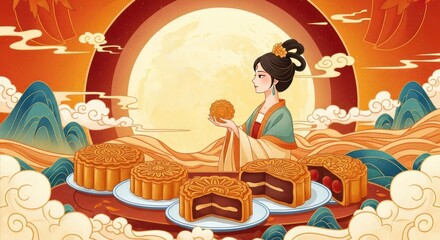 Mid-Autumn Festival scene of a woman holding a mooncake and admiring the moon