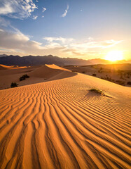 Desert Sand Dune at Sunset with Mountain Background.desert, horizon, wilderness, geology, sunlight, arid, dune, terrain, nature, sunset, landscape, mountain, travel, calmness, explore, gold, panorama,