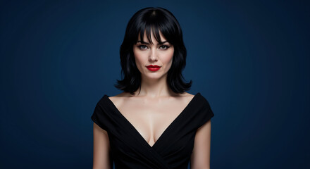 Fototapeta premium Woman with a classic short black bob hairstyle with bangs, red lipstick, and black dress on a blue background. Chic sophistication for fashion, beauty, or elegant event promotions