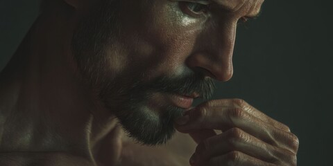 Man Examining Facial Hair and Planning Skincare Routine for Better Grooming