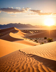 Desert Sand Dune at Sunset with Mountain Background.desert, horizon, wilderness, geology, sunlight, arid, dune, terrain, nature, sunset, landscape, mountain, travel, calmness, explore, gold, panorama,