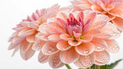 Delicate Dahlia Blossoms A Close Up of Pink and Peach Petals with Water Droplets