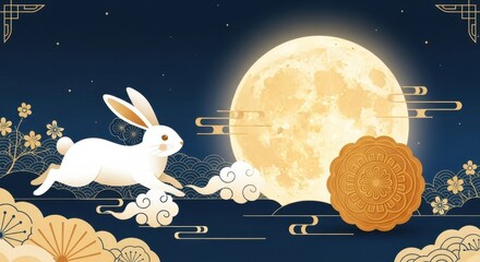 Mid-Autumn Jade Rabbit and Full Moon Cake Illustration