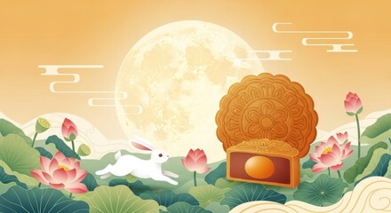 Illustration of the full moon in the Mid-Autumn Festival and the Jade Rabbit admiring the moon