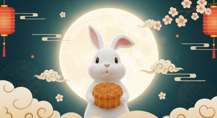 Chinese style Chinese style Mid-Autumn Festival rabbit holding mooncakes and the full moon